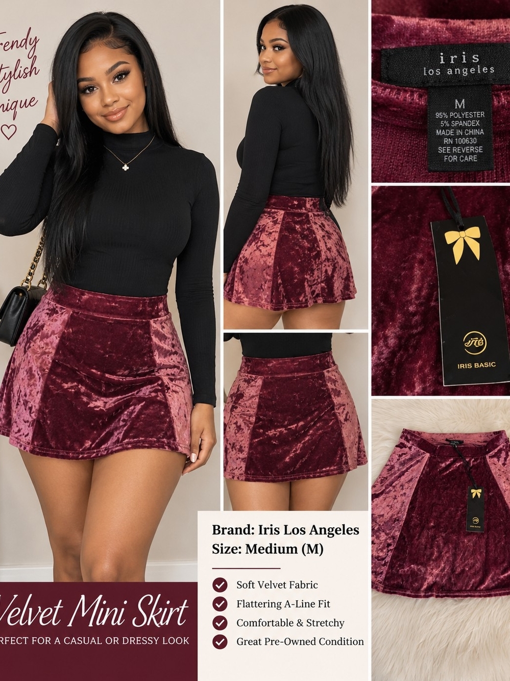 iris crushed velvet mini skirt in wine and blush